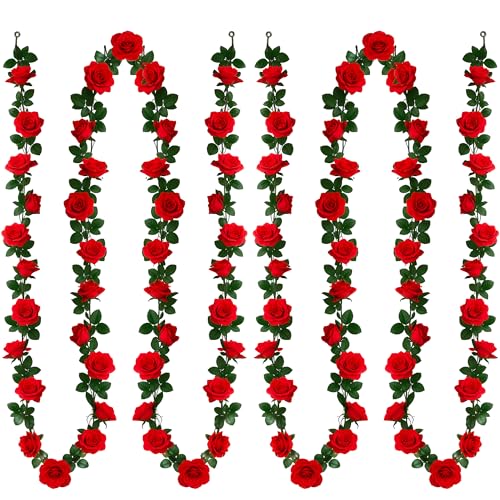 15.8 FT Red Roses Fake Flowers Garland, 2Pack 90 Roses Kentucky Artificial Flowers Vine for Derby Decorations, Derby Artificial Roses Plants for Derby Decor Flower Wall Backdrop Wedding Decorations - color: Rose, size: 2 Pcs