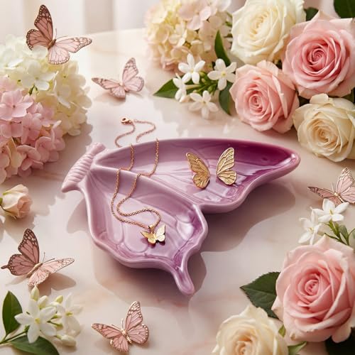 Unittype Purple Butterfly Ring Dish Jewelry Tray, 5.5 x 4.7 Inch Ceramic Ring Holder Jewelry Trinket Dish Decorative Vanity Bathroom Nightstand Jewlery Plate, Gift for Women Girl Mother's Day