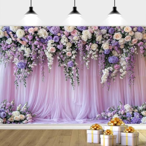 5x3ft Purple Lavender Floral Bridal Backdrop Wedding Flower Photography Backdrop for Girl Portrait Baby Shower Birthday Party Decor Banner Mother's Day Party Wall Backdrop Studio Photo Backgrounds - color: Multi3, size: 5X3FT