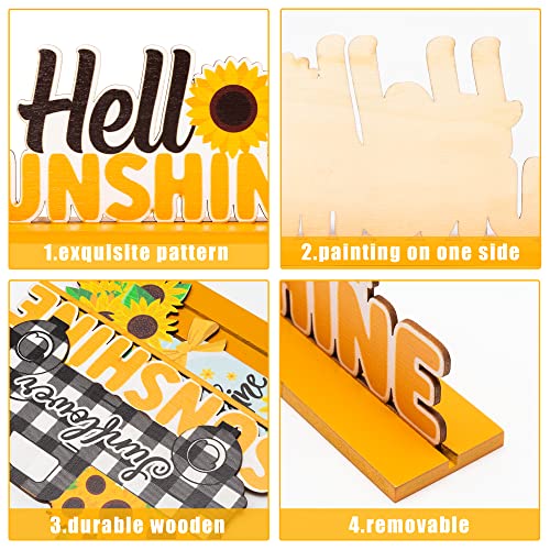 WATINC 3pcs Sunflower Wooden Table Centerpiece Sign Decoration, Hello Sunshine Wood Tabletop Signs, Summer Farmhouse Tiered Tray Table Topper Signs Decor for Home Kitchen Party Favor Photo Props