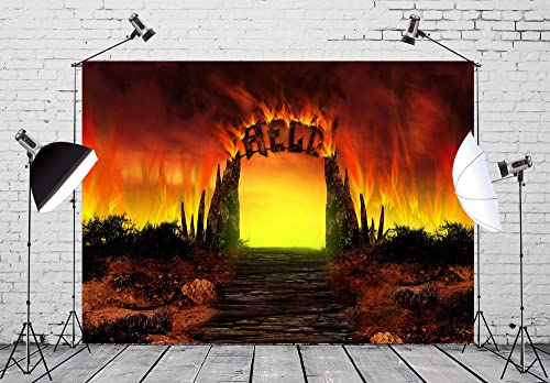BELECO 7x5ft Fabric Hell Gate Backdrop Stairway to Hell Hellfire Background Heaven Hell Party Decorations Halloween Hell Props Christian Religious Belief Church Backdrop Portrait Photoshoot Props - size: 7x5FT