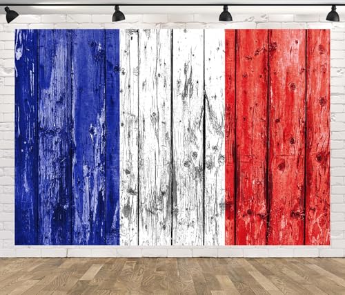 BELECO 20x10ft Fabric France Flag Backdrop Grunge Blue White Red Stripes Wooden Plank Texture Background French Theme Party Decorations Banner Photography Props - size: 20x10FT