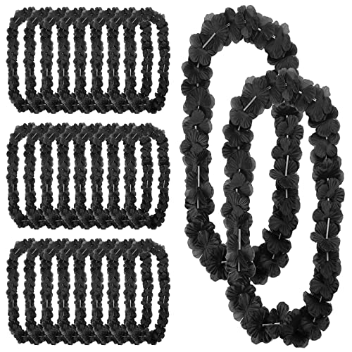 Hoteam 24 Counts Black Hawaiian Leis Necklace Tropical Flower Lei Floral Luau Party Decorations Hawaiian Flower Luau Necklaces Hula Dance Garland Headbands for Beach Birthday Wedding Party Favors - color: Black
