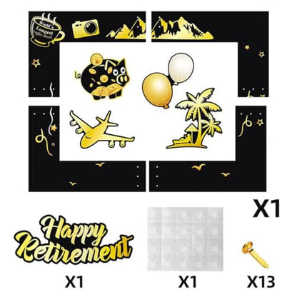 Large Retirement Party Photo Booth Props Kit Decorations Black Gold Frame Selfie Props Funny Farewell Retired Party Sign Cheers to Retirement Party Supplies