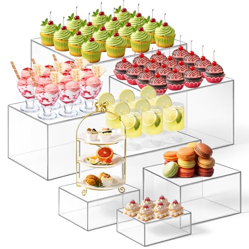 Leinuosen 7 Pcs Extra Large Buffet Risers Set 8" to 14" Acrylic Display Box Square Catering Dessert Table Riser Food Display Decorative Stand with Hollow Bottom for Catering Supplies(Clear) - color: Clear, size: 8" to 14", style: Square