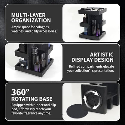 Cologne Organizer for Men, 3-Tier Rotating Cologne Stand with Non-Slip Pads, Large Capacity Wood Perfume Shelf for Desk & Nightstand, Gifts for Men Husband Birthday (Black)
