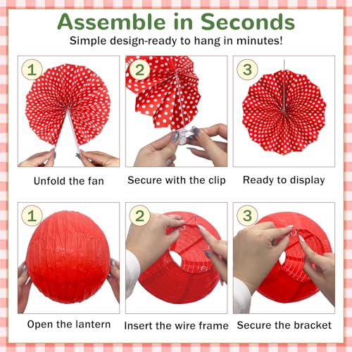 15 Pcs Red Gingham Party Decorations, 12 Inch Hanging Paper Lanterns and Fans for Picnic, BBQ, Pizza Party, Crawfish Boil, Birthday, Baby Shower, Graduation