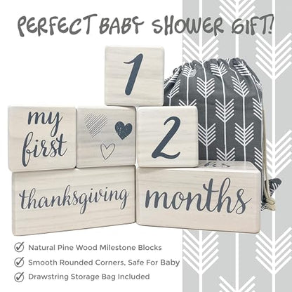 Pondering Pine Baby Milestone Blocks - Natural White Stain Pine Wood with Weeks Months Years Grade and Holidays, Newborn Weekly Monthly First Year Picture Props, 6 Block Milestones Age Set with Bag - color: White, size: 6 Piece