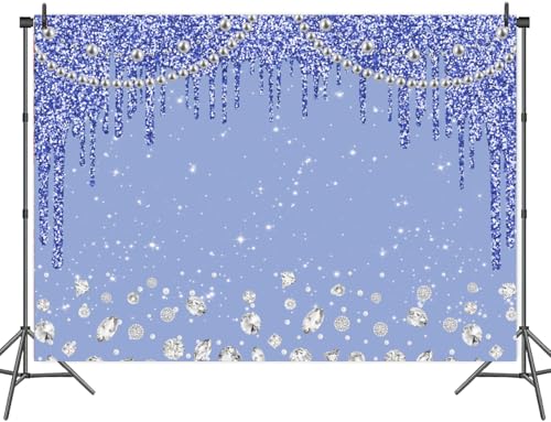 7x5FT Blue Backdrop Dripping Glitter Crystal Diamond White Pearl Photo Banner Happy Birthday Party Bridal Shower Wedding Decorations Photography Background Photo Shoot Props - color: Blue, size: 7X5FT