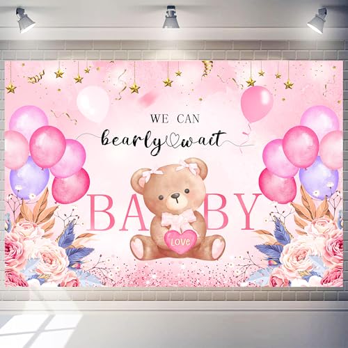 We Can Bearly Wait Backdrop 7 x 5 ft Pink Boho Baby Shower Background Girl Gender Reveal Decorations for Newborn Baby Baptism Birthday Party Banner Photography Props Supplies - color: Girl, size: 82”x59”