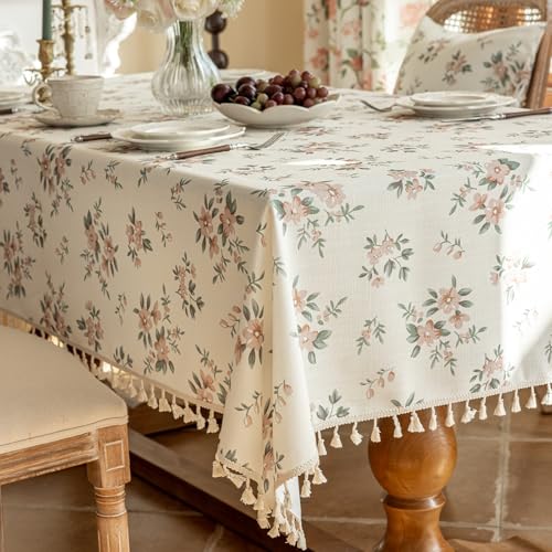 VClife Shabby Chic Pink White Floral Printed Tablecloth for Thanksgiving Christmas Home Party, Soft Cotton Linen Furniture Table Cover Washable Table Cloth for 10-12 Seaters (60"x120") - color: Small Pink Flowers, size: 120" x 60" (Rectangular)