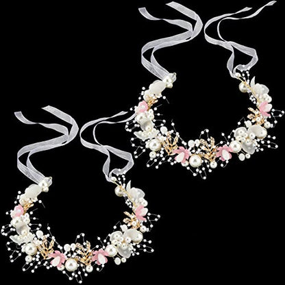 Retrowavy 2 Pcs Flower Girl Headpiece, Flower Girl Hair Accessories Rhinestone Crystal Princess Pearl Headband Bridal Hair Headband for Wedding First Communion(Pink) - color: Pink