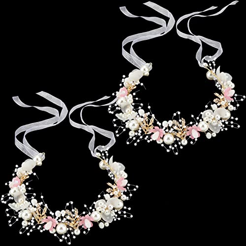 Retrowavy 2 Pcs Flower Girl Headpiece, Flower Girl Hair Accessories Rhinestone Crystal Princess Pearl Headband Bridal Hair Headband for Wedding First Communion(Pink) - color: Pink