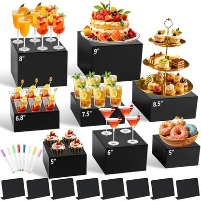 8Pcs Black Acrylic Buffet Risers with Mini Sign and Marker, Food Display Risers for Party Catering Dessert Jewelry, Acrylic Cube Nesting Boxes with Hollow Bottoms(9" 8.5" 8" 7.5" 6.8" 6" 5" 5") - size: 9" 8.5" 8" 7.5" 6.8" 6" 5" 5