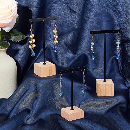 FINGERINSPIRE 3 Pcs Black Metal T Bar Earring Display Stand with Wooden Square Base 4 Holes Earrings T Stand Hanging Earring Organizer for Store Retail Photography Props（4.7 & 5.5 & 6.3 inch Height） - color: 4 Holes With Square Base