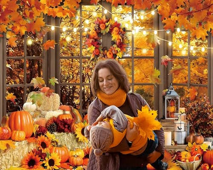 Fall Backdrop Fabric 10x8ft Autumn Scenery Through French Window Photo Background for Photography Fall Festival Thanksgiving Day Backdrop Portrait Shoot Studio Photo Booth Props - color: Fall Window 01