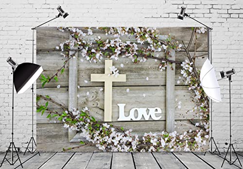 BELECO 8x6ft Fabric Rustic Wooden Board Wood Cross Backdrop Word Love and Spring Tree Blossoms Flower Petals Backdrop Jesus Background Christian Church Event Party Decor Easter Kids Photo Studio Props - size: 8x6FT