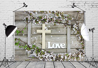 BELECO 10x6.5ft Fabric Rustic Wooden Board Wood Cross Backdrop Spring Cherry Blossoms Flowers Love Jesus Backdrop Easter Jesus Background Christian Church Event Party Decor Easter Kids Photo Props - size: 10x6.5FT