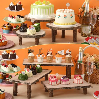Jetec 11 Pcs Wood Cake Stand Rectangular Round Rustic Wedding Cake Holder Tray with Wooden Slice Toppers and Cutter for Wedding Reception Party Event