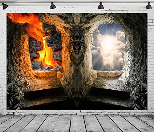 BELECO 8x6ft Fabric Stairs to Heaven and Hell Photography Backdrop Angels and Devils Vintage Stone Cave Gate Background Jesus Christ Religious Church Event Bible Story Halloween Party Decor Photo Prop - size: 8x6FT