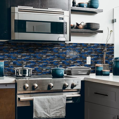 3D Textured Peel and Stick Backsplash Tiles - 20-Sheets 9.69"x4.72" Waterproof Self-Adhesive Tile for Kitchen, Bathroom - Black & Blue - color: Black&Blue