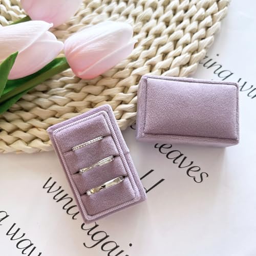 Rectangle 3 Slots Italian Velvet Jewelry Box Engagement Wedding Photo Ring Box Keepsake Box Triple Ring Gift Box (Lavender Flower) - color: Lavender Flower