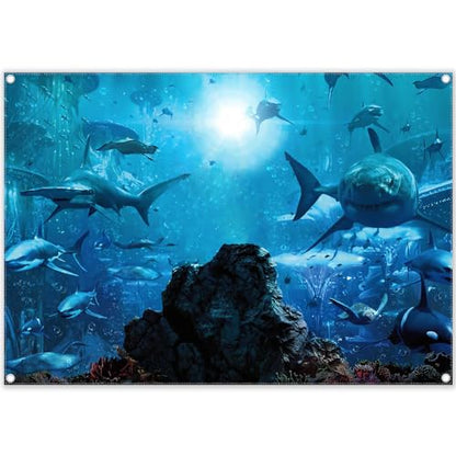 Fabric 7x5ft Shark Theme Photography Backdrop Underwater Deep Ocean Animals Fish Background Aquarium Kids Party Decorations Photo Banner Props - size: 7'x5'