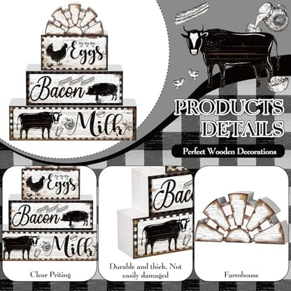 Jetec 4 Pcs Farmhouse Kitchen Decor Wooden Tiered Tray Decor Cow Rooster Pig Rustic Bathroom Signs Decorative Faux Stacked Table Centerpiece Block Sign for Home Living Kitchen Dining Room Shelf - style: Cow Rooster Pig