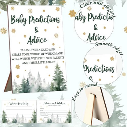 Thyle 134 Pcs Baby It's Cold Outside Shower Games Woodland Winter Baby Shower Games Prediction Advice Cards with 12 Color Pens Keepsake Box for Boys and Girls Winter Neutral Party(Green,Tree)