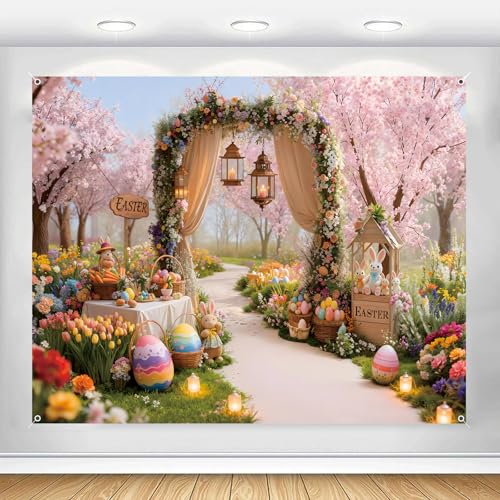 Spring Easter Backdrop 10x8ft Garden Flowers Rabbit Colorful Eggs Background Bunny Floral Cherry Blossom Banner Kids Party Decorations Photo Booth Fabric - color: Easter-2, size: 10x8ft