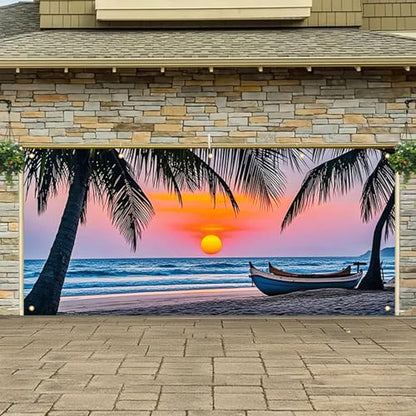 HOMETITUTE Beach Sunset Garage Door Banner 13x6ft Summer Tropical Palm Tree Ocean Backdrop for Summer Outdoor Decor Vacation Luau Party Poolside Yard Display Photo Prop Background