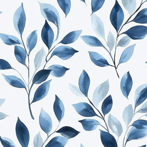Blue Leaf Boho Peel and Stick Wallpaper – 17.5" x 393" Self-Adhesive Vinyl Blue Floral Contact Paper for Bedroom Bathroom Walls, Modern Removable Wallpaper Decor in Navy and White - color: White/Blue, size: 17.5" x 393"