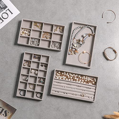 Frebeauty Jewelry Organizer Tray,Stackable Velvet Jewelry Trays,Drawer Inserts Earring Organizer For Women Jewelry Storage Display Case for Rings Stud Necklaces,Set of 4(Grey) - color: Grey, size: Set 4