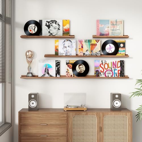 FLYJOE Picture Ledge Shelf, Floating Shelves Set of 2, 48 Inches Long Large Nursery Book Shelves for Toys Storage, Kids Bookshelf Wall Mounted for Living Room Bedroom Decor Books Photo Frames, Walnut - color: Walnut, size: 48'', Set of 2