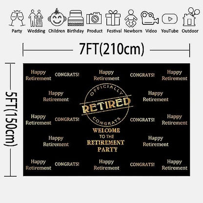 Officially Retired Black Golden Banner Backdrop for Photography, 7x5FT, Happy Retirement Party Background, Photo Booth Studio Props RBJMYLU234 - size: polyester microfiber fabric-7x5ft
