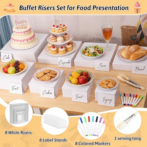 Billbotk 8 Pieces White Buffet Risers with Label Stands, Serving Tong and Markers for Party, Display Stands for Jewelry Display, Home Display, Table décor(12"/11"/ 10.5" /9.5"/ 8.5" /7.5" 6.8"/ 5")