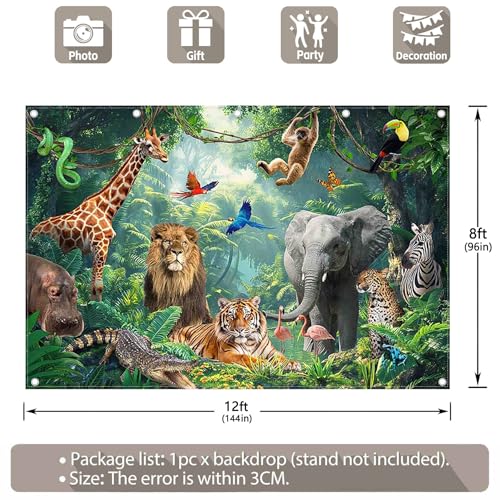 Fabric 12x8ft Jungle Forest Animals Photography Backdrop Tropical Rainforest Safari Background Wild Party Decorations Kids Event Photo Banner Props - size: 12'x8'