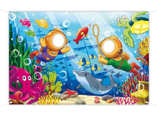 Cartoon Undersea Diving Face in Hole Backdrop 5 x 3.3 ft, Underwater World Diver Face Cutout Photo Props, Seabed Shipwreck Treasure Marine Life Photography Background for Kids Boys