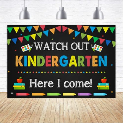 Kindergarten Graduation Backdrop 6x4ft Back to School Banner Watch Out Here I Come First Day of School Preschool Kids Classroom Party Decoration Supplies Banner Photo Booth Studio Prop - size: 6x4
