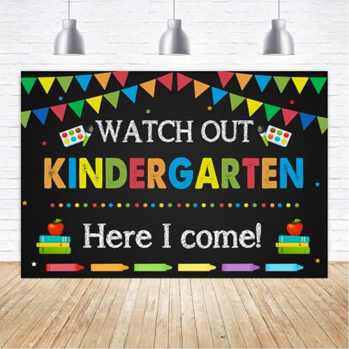Kindergarten Graduation Backdrop 6x4ft Back to School Banner Watch Out Here I Come First Day of School Preschool Kids Classroom Party Decoration Supplies Banner Photo Booth Studio Prop - size: 6x4