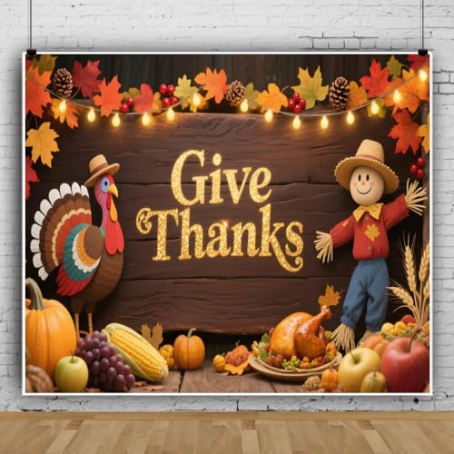 Thanksgiving 10x8ft Glitter Rustic Wood Fall Leaves Happy Thanksgiving Backdrops for Photoshoot Banner Festive Harvest Give Thanks Decorations Background Friendsgiving Photo Booth Props - color: Gold, size: 10x8ft