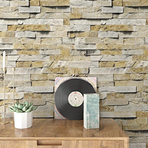 Wallercity Rustic Brick Wallpaper Peel and Stick Grey Yellow Bricks Decorative Contact Paper for Walls Bedroom Waterproof Faux 3D Rock Stone Wallpaper for Backsplash Kitchen Accent Wall 15.8"x78.7" - color: Grey/White, size: 15.8" x 78.7"