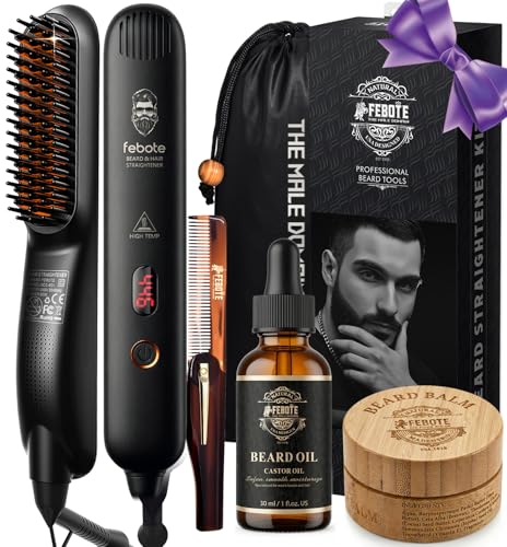 Heated Ionic Hair Straightening Brush for Men - 5 Temperature Settings, Anti-Scald, Beard Shaper & Travel Bag Orange - color: Orange