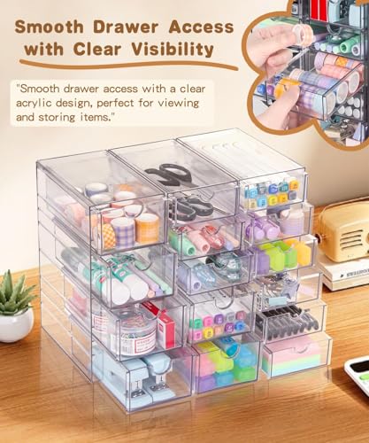 VZKAH Clear Acrylic Organizer with Drawers | 15-Drawer Desktop Unit | Makeup & Desk Organization and Storage Box for Office, Craft, Vanity Table, Bathroom, Home Essentials - style: 15 drawers / 3 set