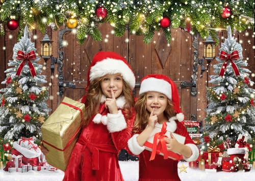 7X5FT Winter Christmas Rustic Barn Wood Door Photography Backdrop Xmas Tree Snow Background Banner for Family Holiday Party Decoration Supplies New Yeary Family Gathering Banner - size: 7x5ft