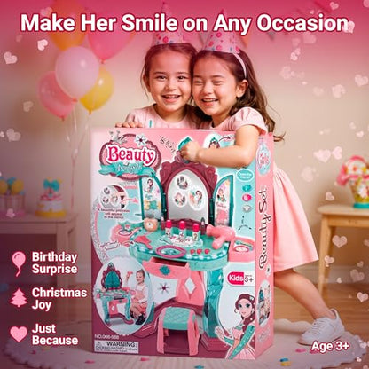 Toddler Vanity Table for Girls — Princess Makeup Playset with Light & Sound Mirror, Magic Sensor, Stool & Accessories, Pretend Beauty Toy for Ages 3+