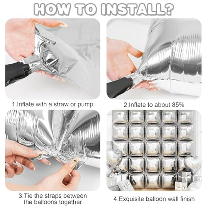 Silver Square Foil Balloon Wall,25Pcs Silver Balloons Backdrop Helium Balloon Tunnel Arch Garland Kit for Birthday Bridal Anniversary Baby Shower Party Decorations - style: Silver