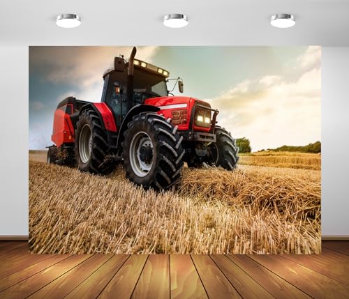 BELECO 8x6ft Fabric Farming Tractor Photography Backdrop Countryside Field Red Tractor Haystack Fall Harvest Photography Background Autumn Themed Party Decoration Photo Studio Props - size: 8x6FT