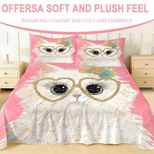 Girls Cat Themed Fitted Sheet Set Full Size Pink Glitter Cat with Heart Glasses Print Sheet Set Kawaii Bow Kitten Bedding for Kids Toddler Bedroom 1 Fitted Sheet + 1 Flat Sheet + 2 Pillowcases - color: Cat 09, size: Full