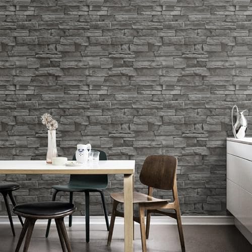 Abyssaly Dark Grey Stone Brick Wallpaper Peel and Stick Backsplash 17.71" X 118" Self-Adhesive Removable Contact Paper Stick on Wall Panels Faux 3D Stone Look Brick Shelf Paper Home Decorations - color: Drak Grey, size: 17.7" x 118"